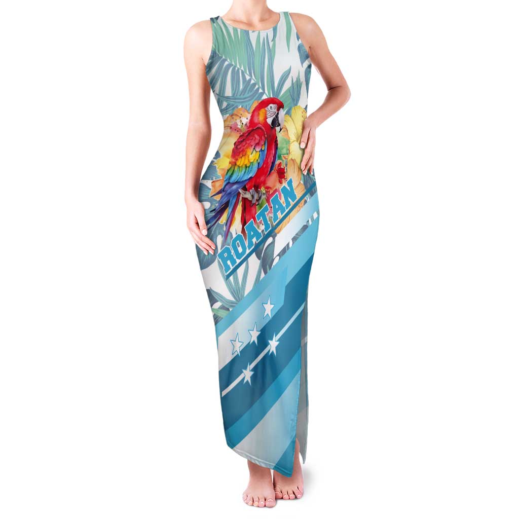 Personalized Roatan Honduras Tank Maxi Dress Scarlet Macaw With Hibiscus Flowers - Wonder Print Shop