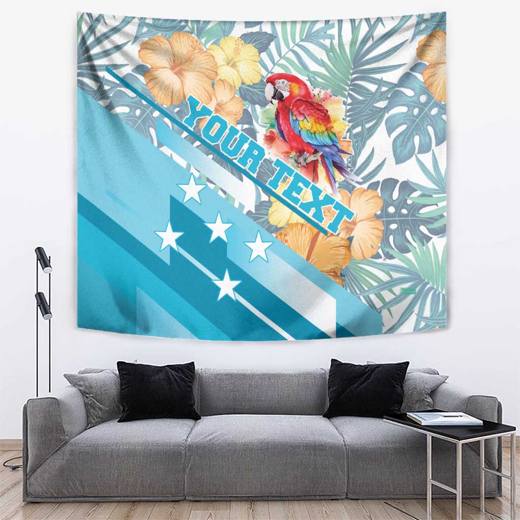 Blue tropical tapestry with red-and-green macaw, hibiscus flowers, palm leaves, star stripes
