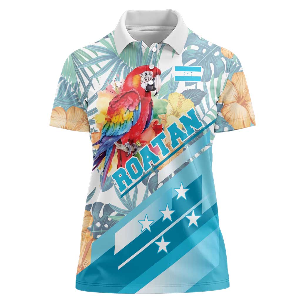 Personalized Roatan Honduras Women Polo Shirt Scarlet Macaw With Hibiscus Flowers - Wonder Print Shop