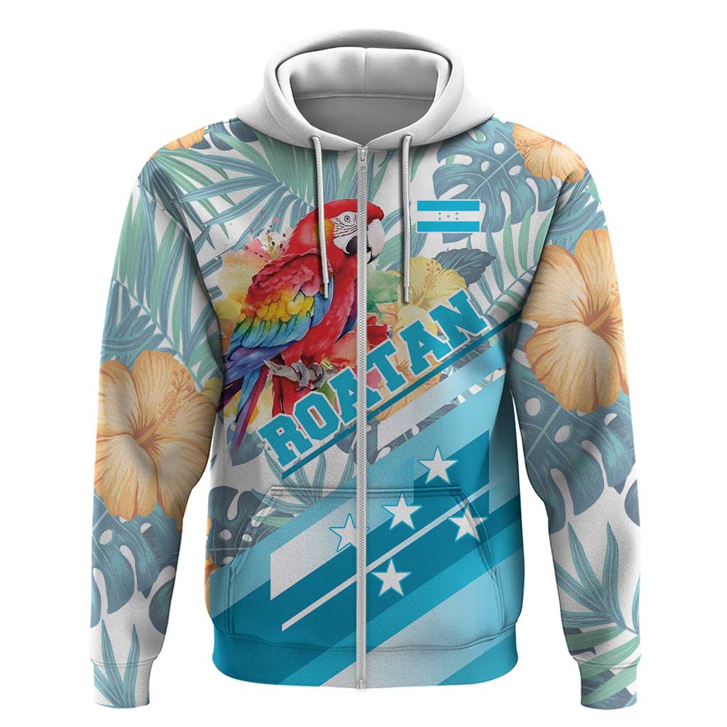 Personalized Roatan Honduras Zip Hoodie Scarlet Macaw With Hibiscus Flowers - Wonder Print Shop