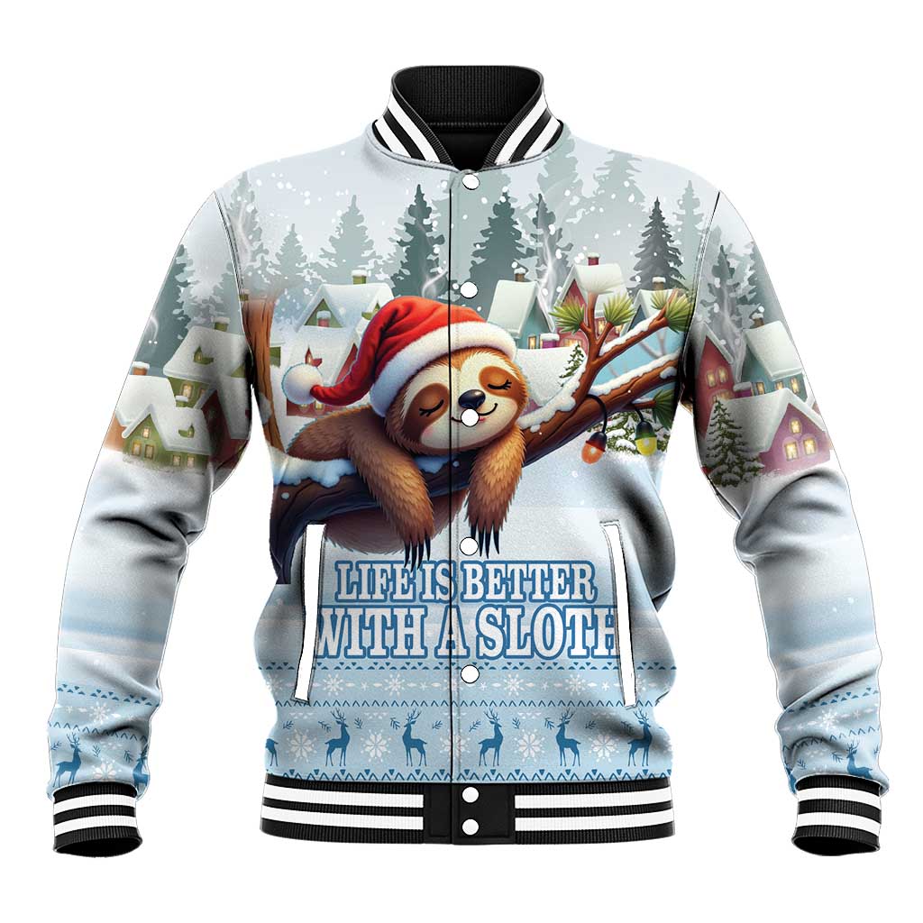 Unisex light blue baseball jacket with sloth graphic and front snap placket