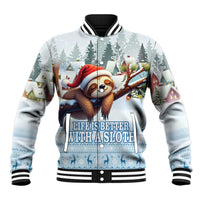 Unisex light blue baseball jacket with sloth graphic and front snap placket