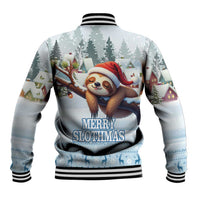 Unisex light blue baseball jacket with Merry Slothmas sloth graphic on back
