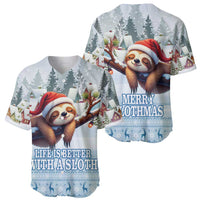 Blue baseball jersey with sloth in Santa hat, holiday graphic and Life Is Better text