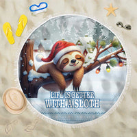 Round blue beach blanket with sloth in red Santa hat and fringe edge