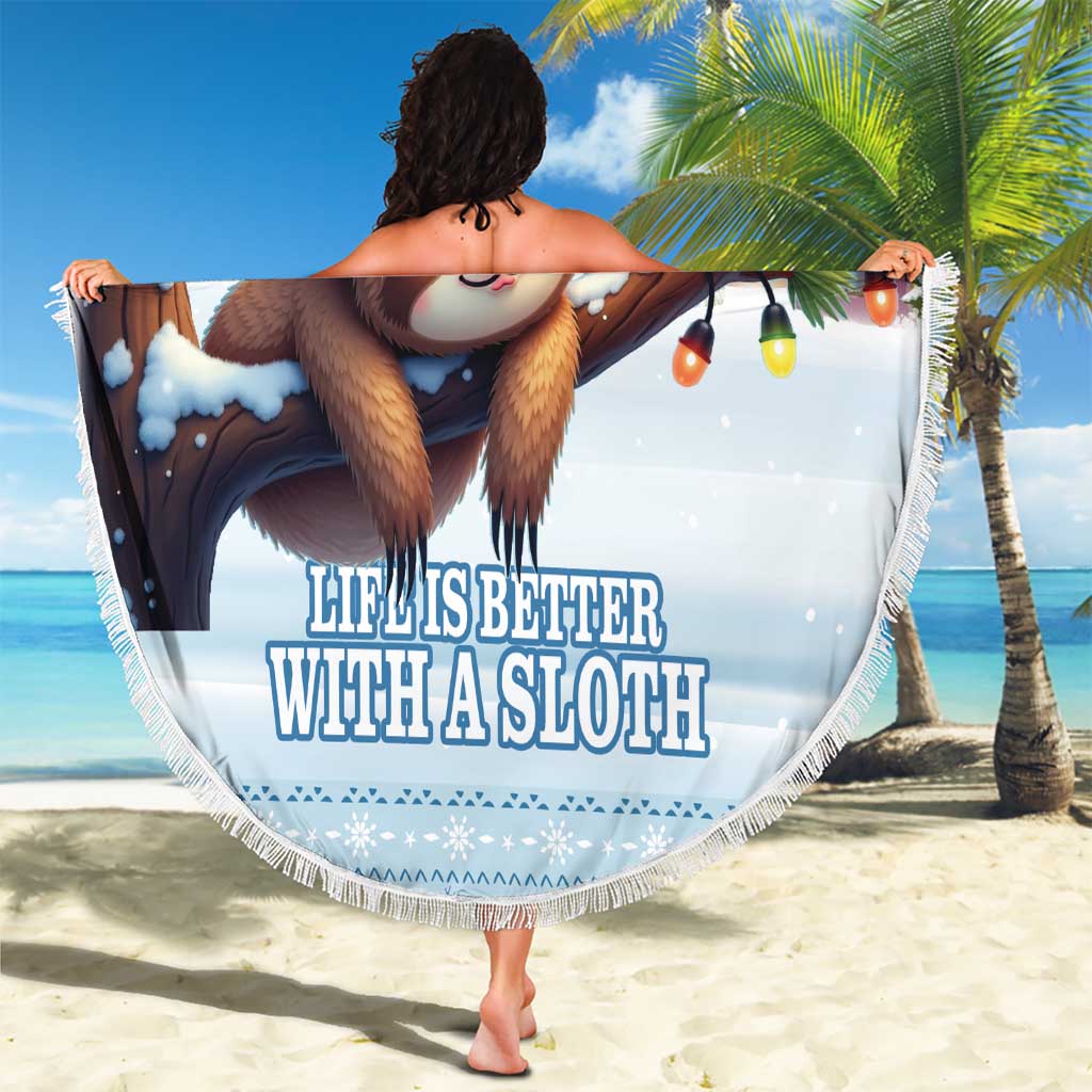 Round sloth beach blanket held outdoors on sand with fringed edge