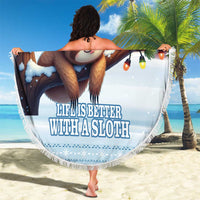 Round sloth beach blanket held outdoors on sand with fringed edge