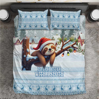 Blue sloth-themed Christmas bedding set with duvet and two pillows featuring a sloth in Santa hat
