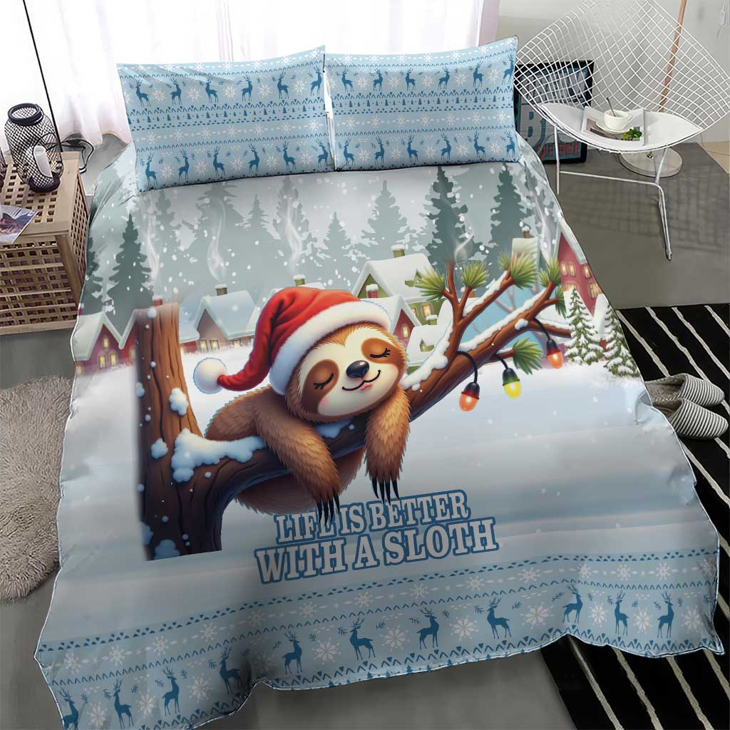 Blue sloth-themed Christmas duvet cover with two pillowcases, sloth Santa artwork and text