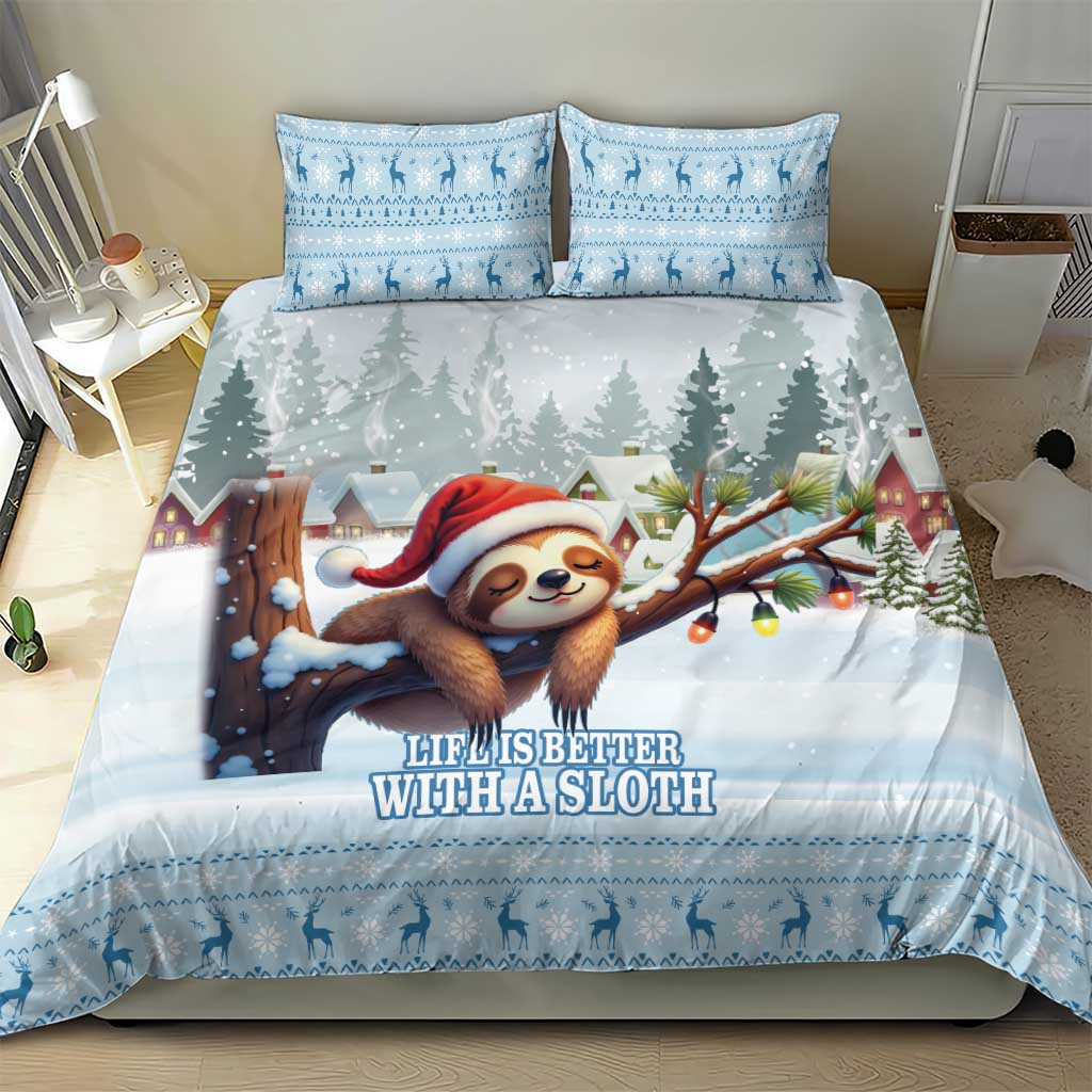 Blue sloth-themed Christmas bedding set with duvet showing sloth in Santa hat and two pillows