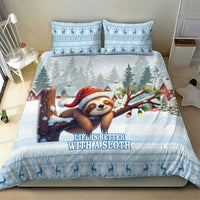 Blue sloth-themed Christmas bedding set with duvet showing sloth in Santa hat and two pillows