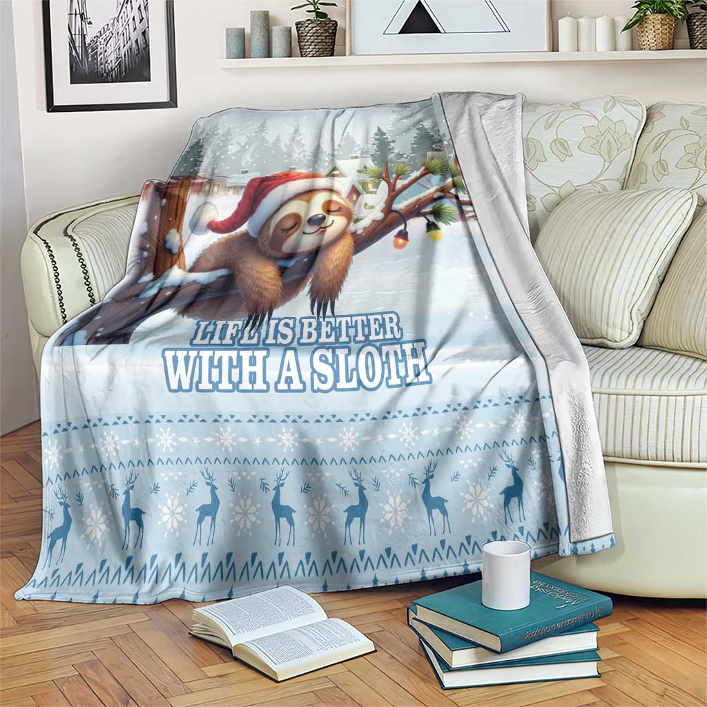 Blue sloth holiday throw blanket with Santa sloth and wintry forest scene