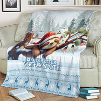 Blue sloth holiday throw blanket featuring Santa sloth, lanterns, and banner text