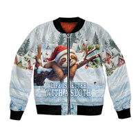 Light blue bomber jacket with sloth holiday graphic, black ribbed cuffs and hem