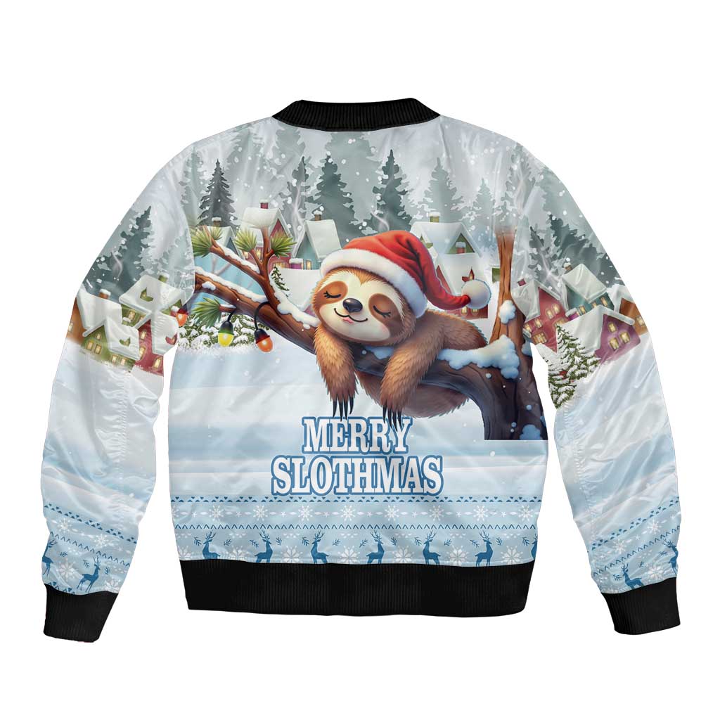 Light blue bomber jacket with sloth holiday graphic and 'MERRY SLOTHMAS' text, black hem