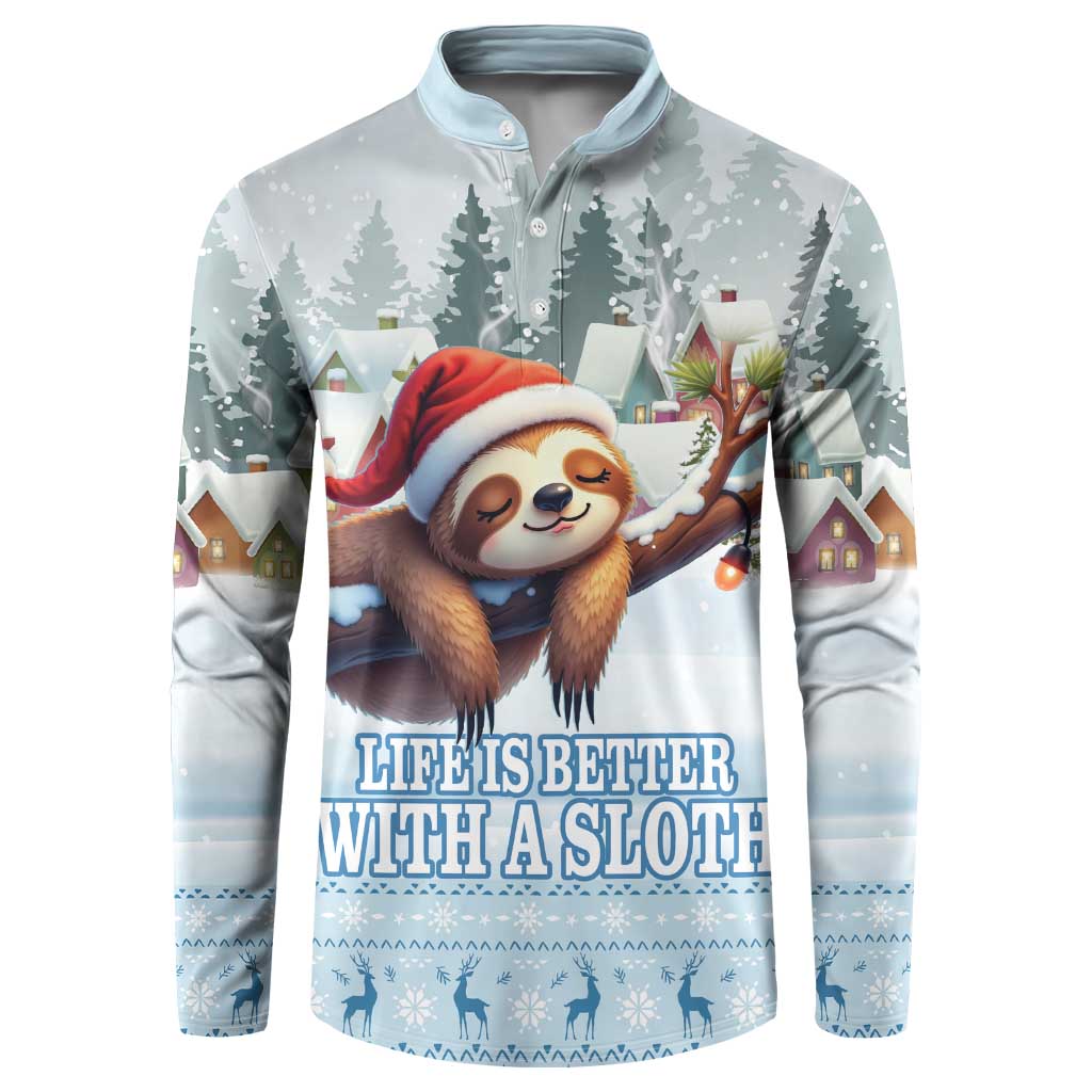 Blue button sweatshirt with sloth in Santa hat holiday graphic