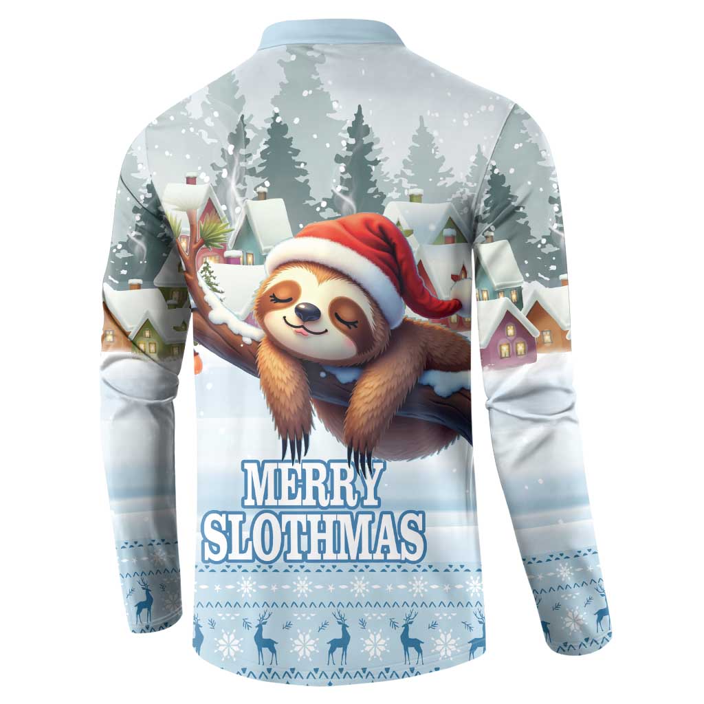 Blue button sweatshirt, back view, sloth in Santa hat with “Merry Slothmas”