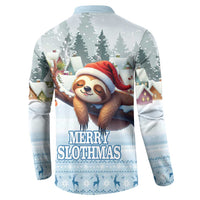 Blue button sweatshirt, back view, sloth in Santa hat with “Merry Slothmas”