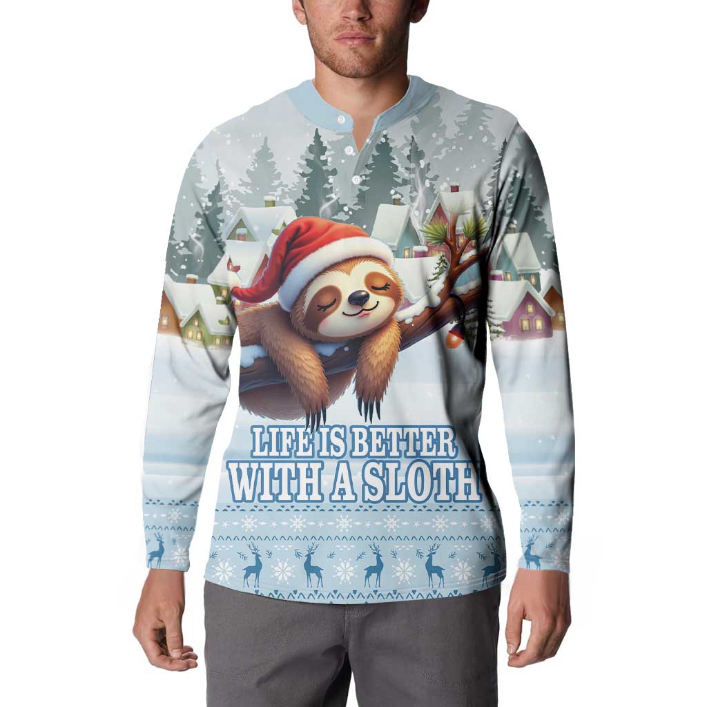 Blue button sweatshirt with sloth in Santa hat and “Life is better with a sloth”