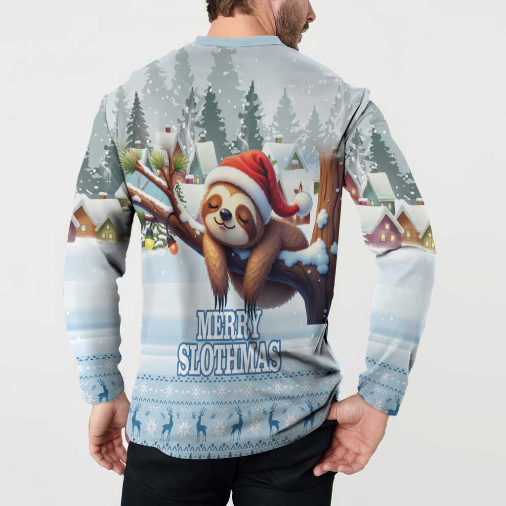 Blue button sweatshirt, back view, “Merry Slothmas” sloth graphic