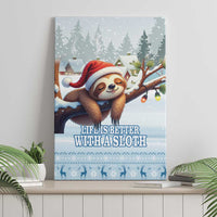 Framed blue winter sloth canvas wall art with holiday village, trees, and message text