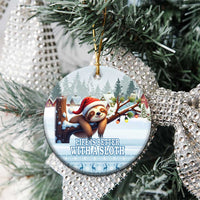 Blue ceramic round sloth ornament hanging on Christmas tree, snowy houses and lights.