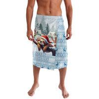 Blue patterned sarong with Merry Slothmas sloth graphic, trees and houses