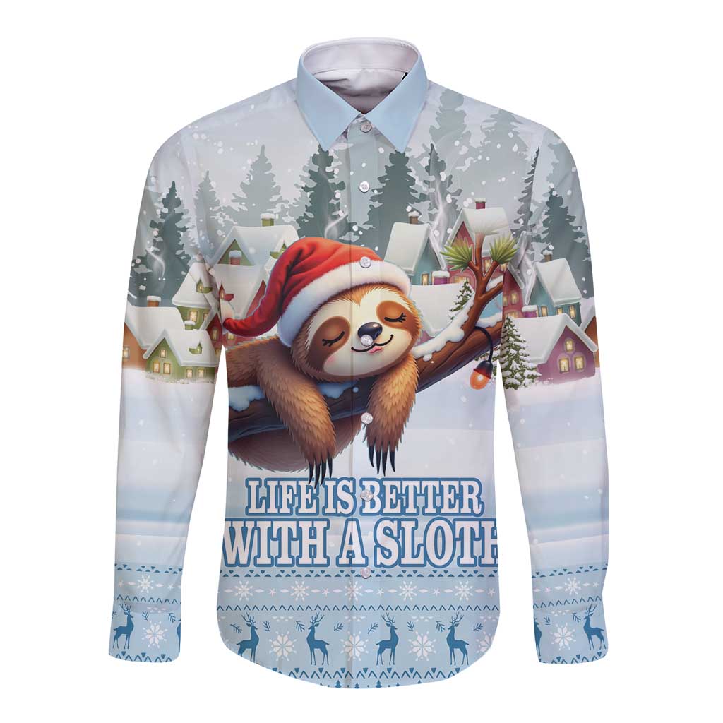 Blue long-sleeve button shirt with sloth in Santa hat and winter village print