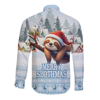 Blue long-sleeve button shirt, back view, sloth in Santa hat with Merry Slothmas print