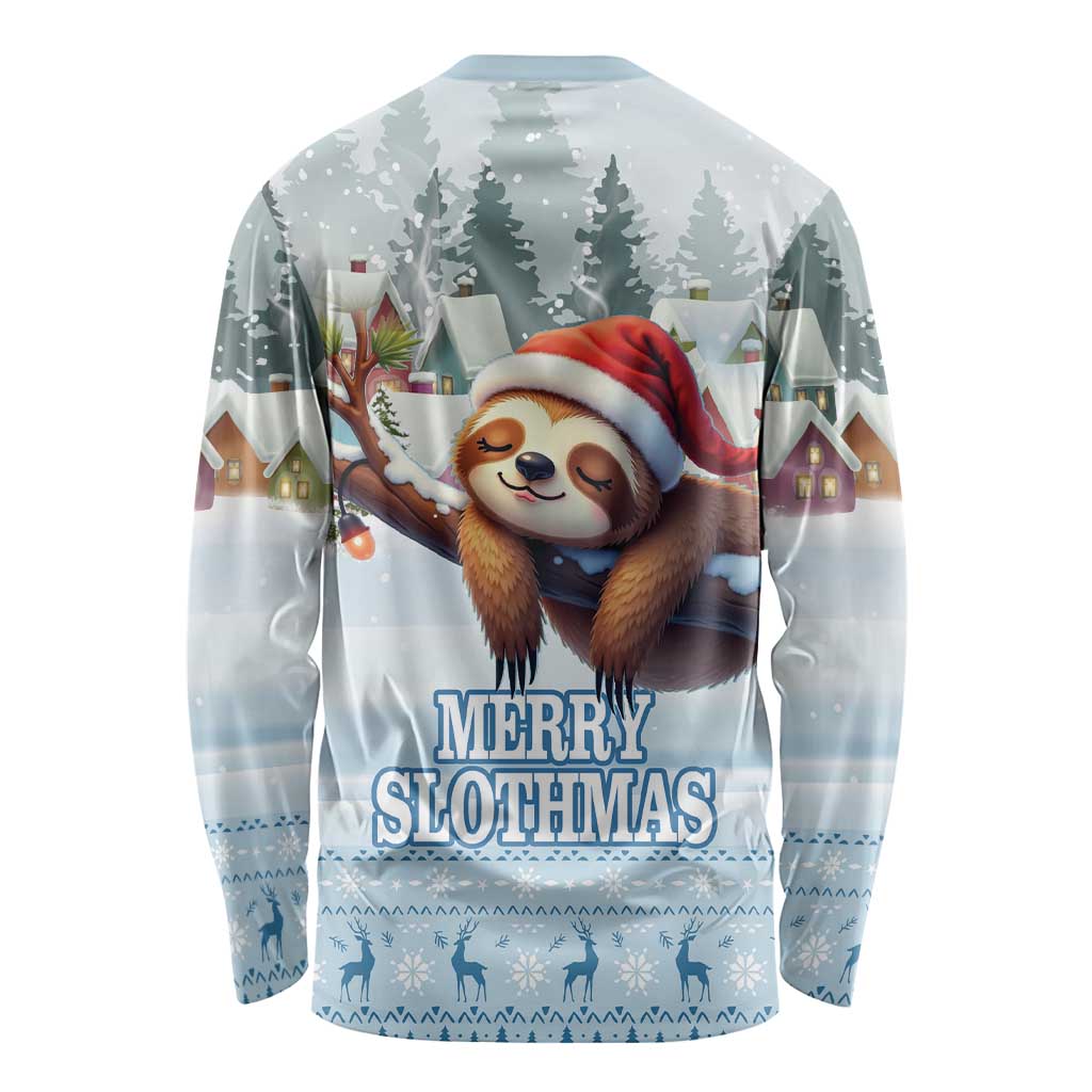 Light blue long-sleeve unisex shirt with sloth in Santa hat and “Merry Slothmas” text