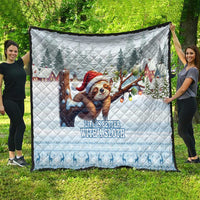 Blue quilt laid flat with sloth in Santa hat, snowy trees, and “Life Is Better” text