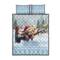 Blue quilt bed set shown folded: sloth under text, with two matching square pillowcases