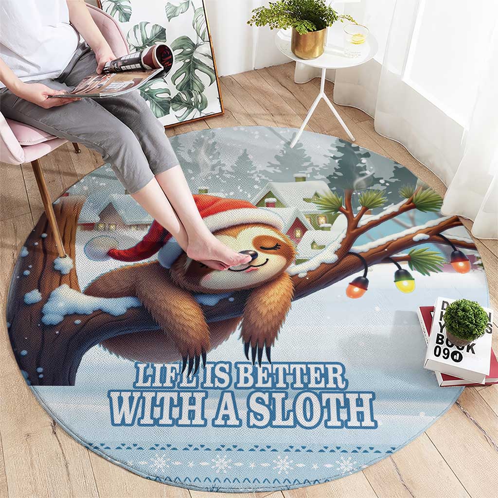 Blue round sloth holiday rug with Santa-hat sloth and 'Life Is Better With A Sloth' printed text.
