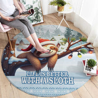 Blue round sloth holiday rug with Santa-hat sloth and 'Life Is Better With A Sloth' printed text.