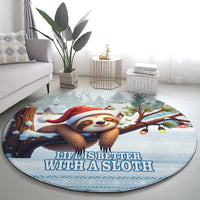 Blue round rug with winter sloth wearing a Santa hat and 'Life Is Better With A Sloth' lettering.
