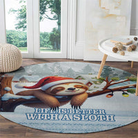 Blue round sloth holiday carpet showing a Santa-hat sloth and 'Life Is Better With A Sloth' phrase.