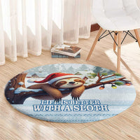 Blue round holiday rug featuring a Santa-hat sloth and 'Life Is Better With A Sloth' slogan.