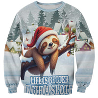 Unisex blue-gray sweatshirt with sloth in Santa hat and holiday town graphic, crewneck