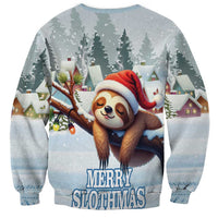 Unisex blue-gray sweatshirt with cute sloth Santa, Merry Slothmas lettering, crewneck