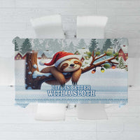 Blue sloth-themed tablecloth with winter scene graphic and decorative border