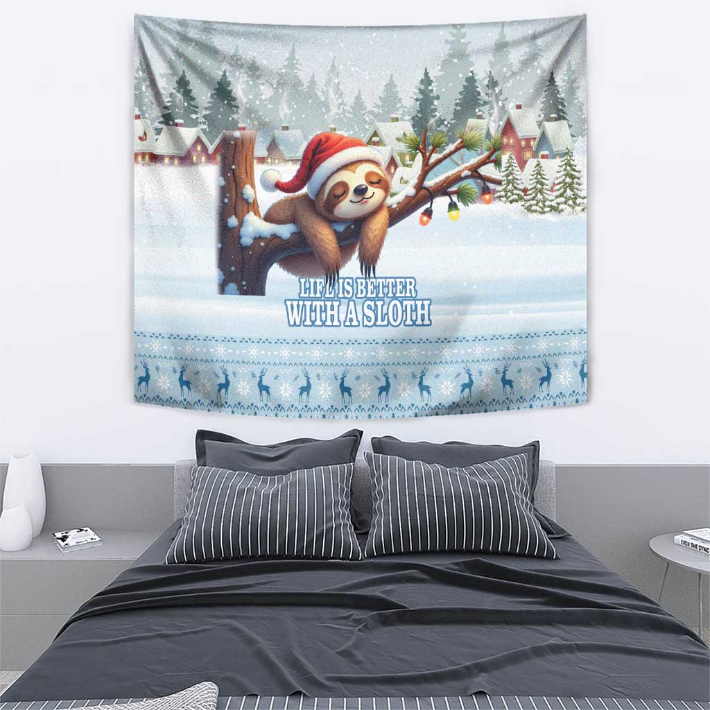 Blue winter sloth wall tapestry with snowy forest scene and centered 'Life is better with a sloth'