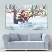 Blue winter sloth tapestry with snowy houses, decorative bottom silhouettes, and 'Life is better with a sloth'