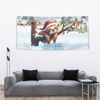 Blue winter sloth wall hanging with snowy village, reindeer silhouettes, and 'Life is better with a sloth'