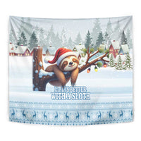 Blue winter sloth tapestry with sloth in Santa hat and 'Life is better with a sloth'