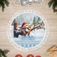 Blue circular tree skirt with sloth in Santa hat and 'Life is Better with a Sloth' text