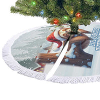 Blue circular tree skirt corner with sloth Santa graphic and white fringe trim