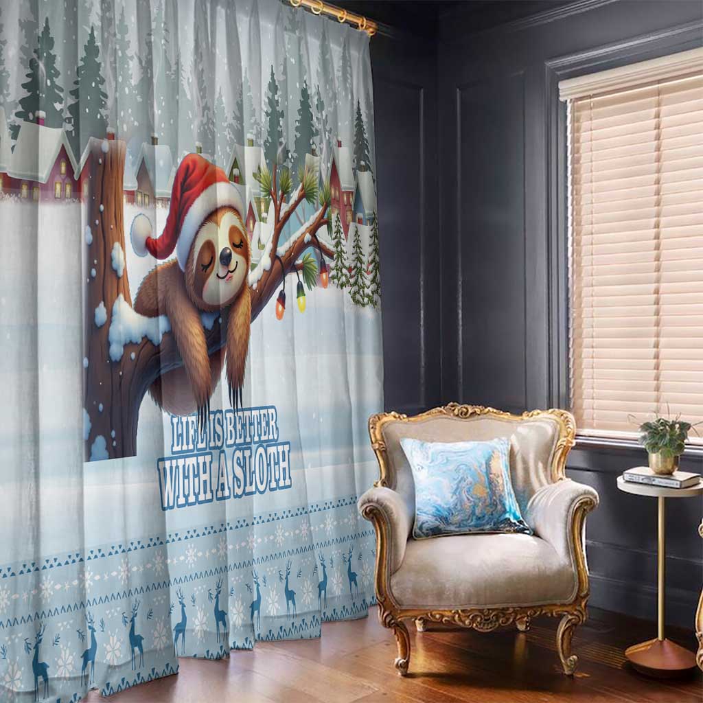 Blue winter window curtain with sloth illustration, animal silhouettes, and printed quote