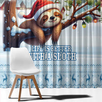 Blue sloth window curtain close-up with 'Life is better with a sloth' text and snow