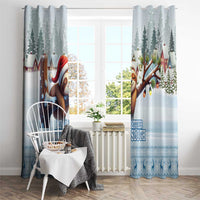 Blue sloth window curtains with forest trees, houses, and tab top header