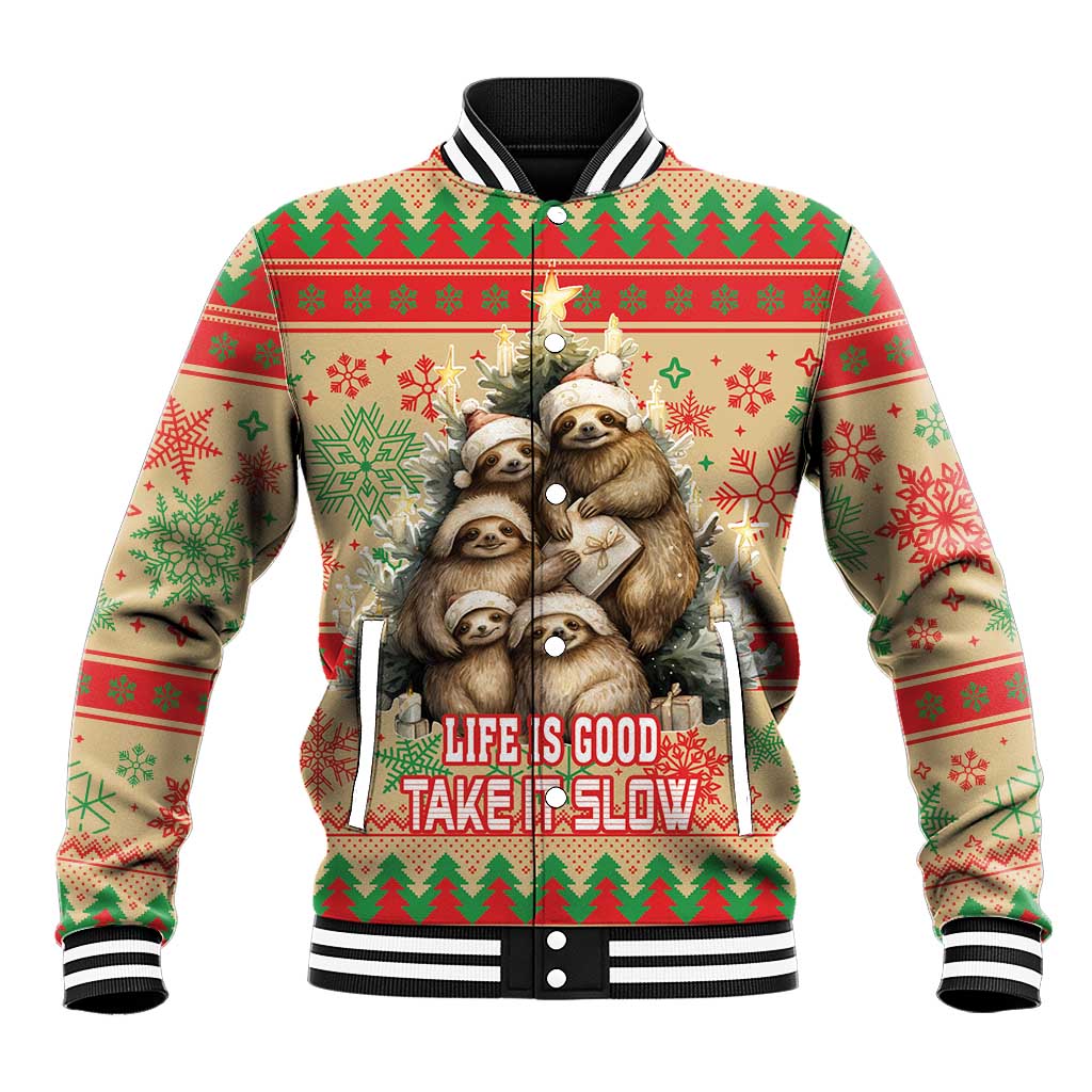 Festive Christmas baseball jacket with sloth graphic, button front, striped ribbed cuffs